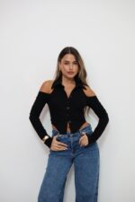 ⁦חולצה עניבה פתח בחזה כחול⁩ – תמונה ⁦4⁩