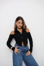 ⁦חולצה עניבה פתח בחזה כחול⁩ – תמונה ⁦8⁩