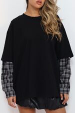 ⁦חולצה שילוב שרוול משובץ⁩ – תמונה ⁦2⁩