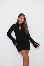 ⁦שמלה מיני צווארון כפתור זהב⁩ – תמונה ⁦3⁩